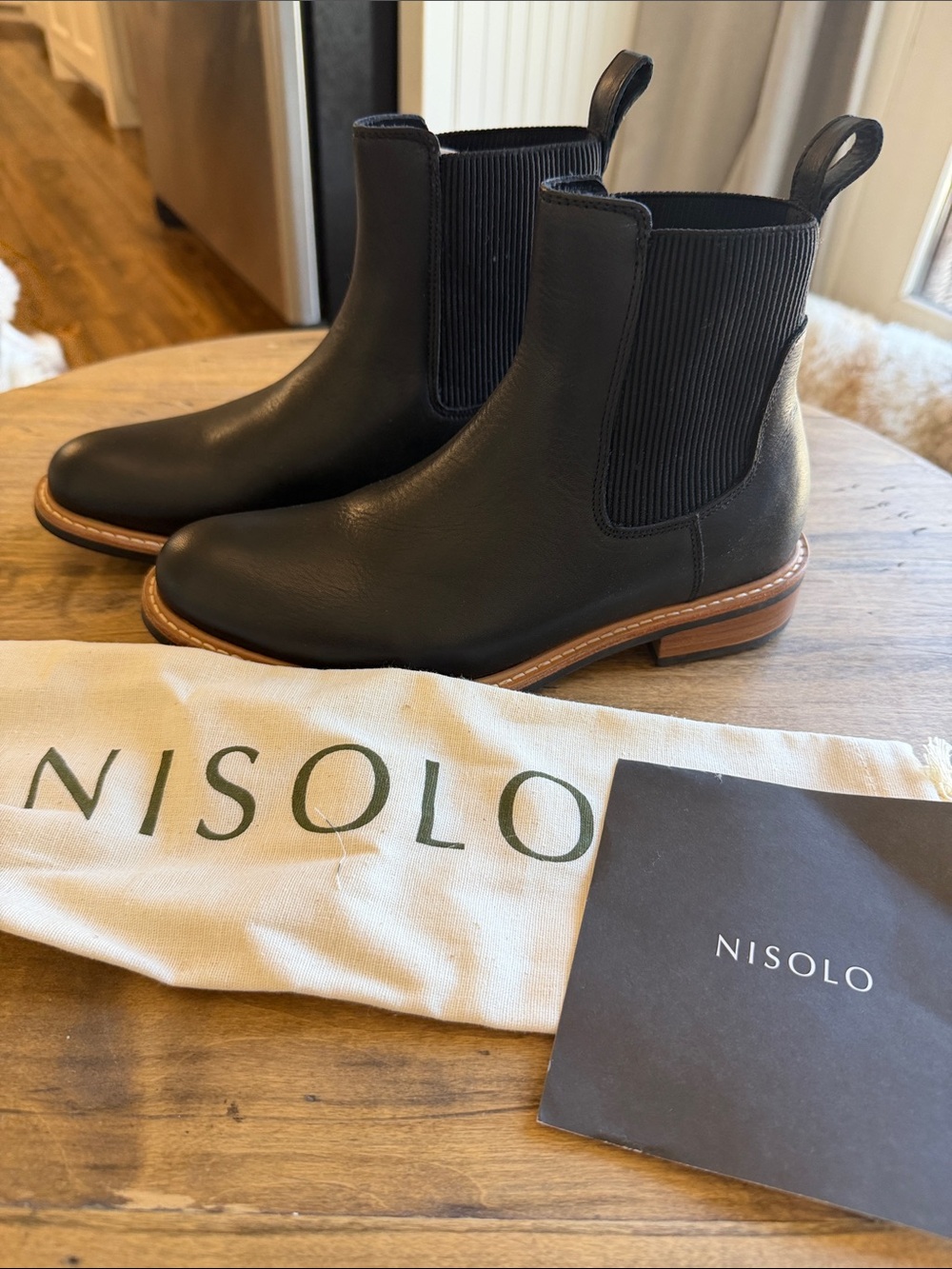 Nisolo Black Leather Carmen Chelsea Boot with Tan Welt 7.5
